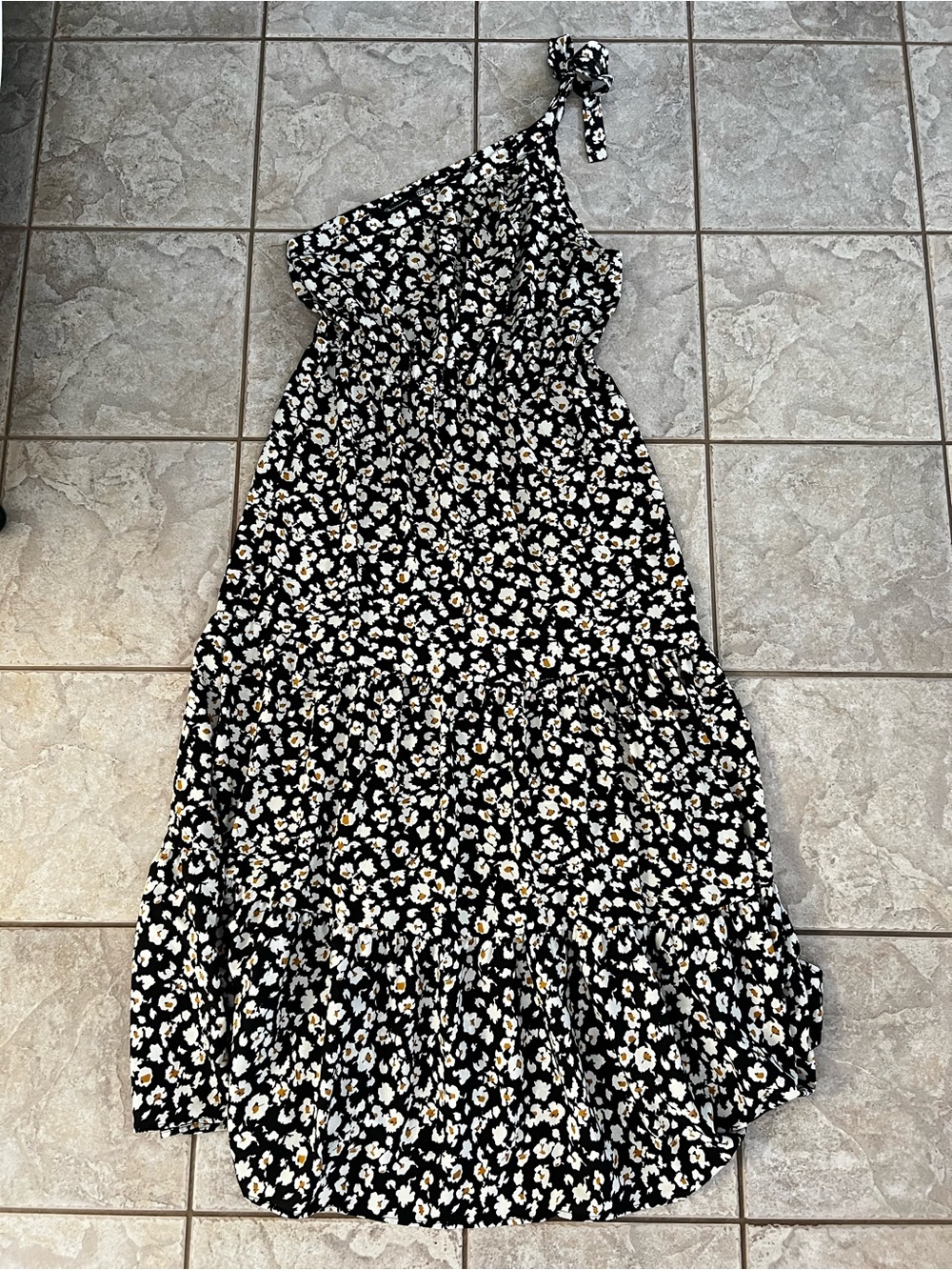 One-Shoulder Black Floral Maxi Dress with Tie Strap